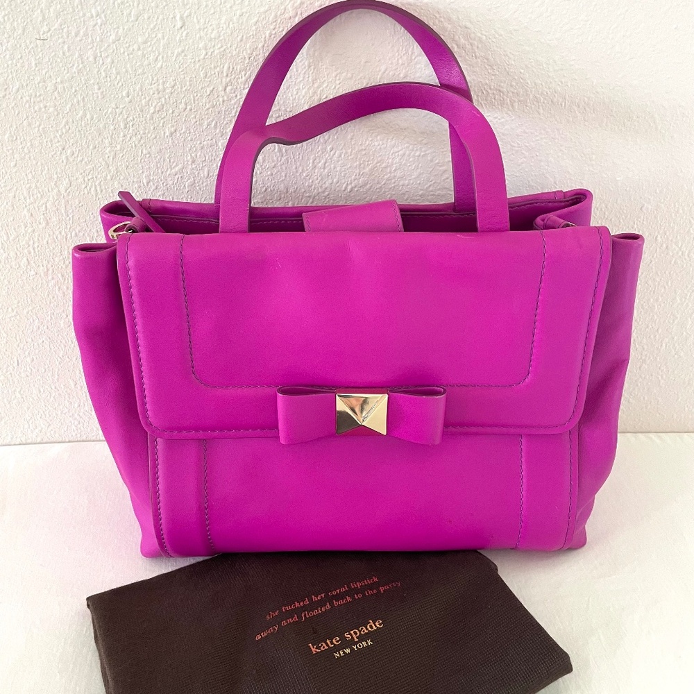 Kate Spade New York Leather Bow Terrace 12” Bradshaw Satchel Bag Fuchsia Purple
